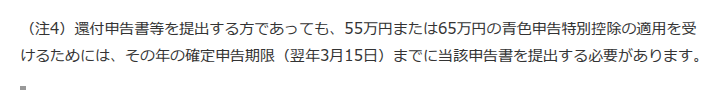 国税庁タックスアンサーNo.2072の注4。還付申告書等を提出する方であっても、55万円または65万円の適用を受けるには確定申告期限までに提出する必要がある、と書かれている